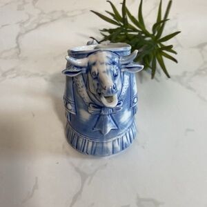 Vintage antique Schafer & Vator porcelain cow creamer Blue white comical dress